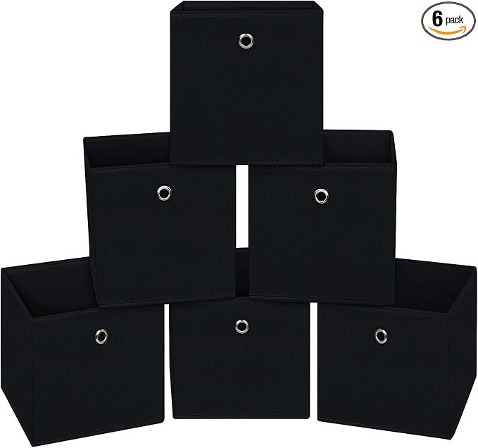 Black Foldable Storage Cubes Bins ,11 Inch Cloth Storage Cube Fabric Storage Box Cubes Organizer Baskets with Handles for Home Organizer Set of 6 (Black)