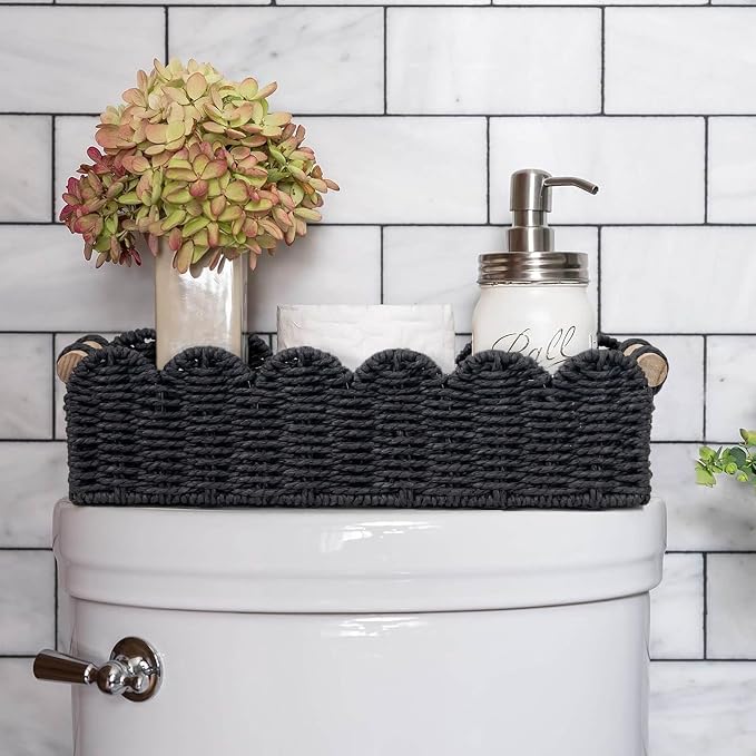 CubesLand Toilet Paper Storage Basket Scalloped Edge Home Decor Basket, Living Room Cozy Decor, Paper Rope Small Baskets for Over Toilet Storage Shelf, End Table, Shelves, with 2 Wooden Handles, Black