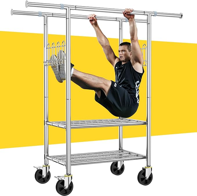 100% Stainless Steel Heavy Duty Clothes Rack Load 960LBS, Double Rod Clothing Rack for Hanging Clothes with Reinforced Rubber Rings, Extendable Rolling Garment Racks W/ Portable Wheel & Sturdy Shelves