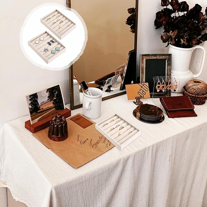 2pcs Ring Holder Display Small Ring Organizer for Jewelry Rings TrayRings Holder Display Tray Velvet Rings Earrings Insert Holders for Girl Store Selling or Home Show Storage Jewelry Box Drawer(Beige)