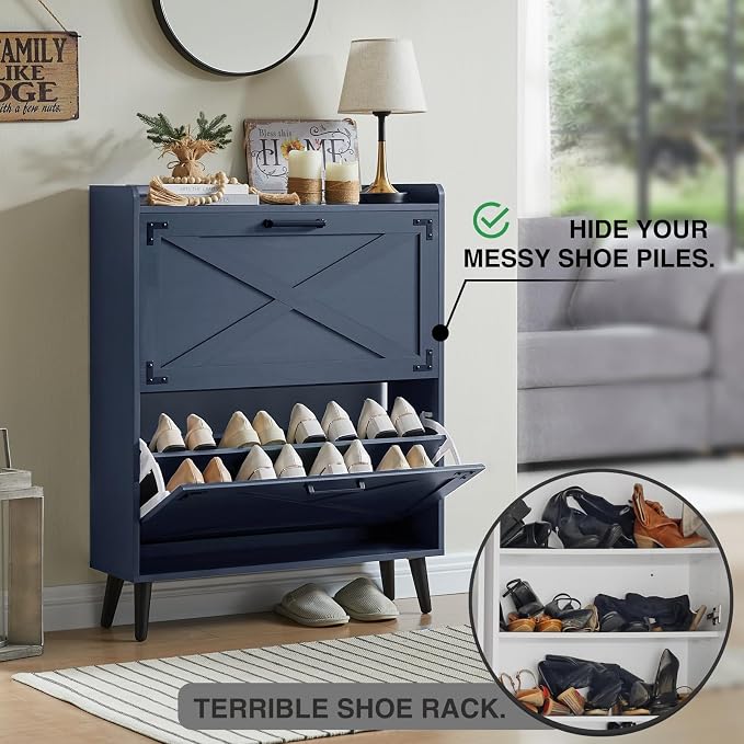 Barnyatoh Shoe Storage Cabinet,Farmhouse Shoe Organizer with 2 Flip Drawers & Barn Door Design,Freestanding Hidden Slim Narrow Shoe Rack Cabinet for Entryway,Foyer,Hallway,Navy Blue