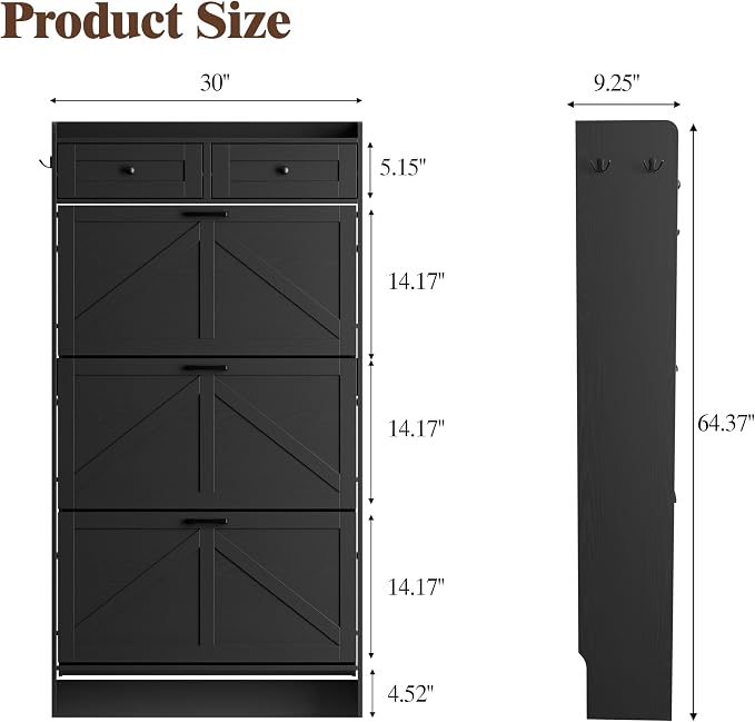 Thacuok Shoe Cabinet with 3 Flip Drawers & 2 Storage Drawers, Rustic Farmhouse Narrow Shoe Organizer Cabinet, Slim Shoe Rack Cabinet, Shoe Storage Cabinet for Entryway, Hallway, Front Door