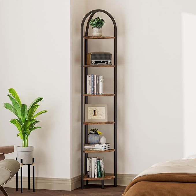 Homhedy 6-Tier Arched Corner Shelf Stand, Wall Corner Bookshelf | Plant Stand with Metal Frame, Industrial Storage Rack Shelf for Living Room, Bedroom, Office, Bathroom, Rustic Brown