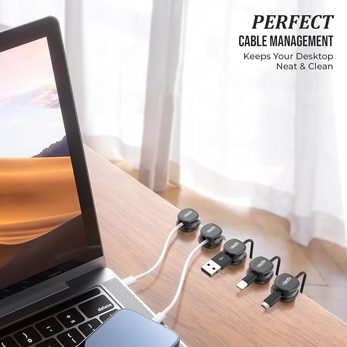Rotatable Cable Clips 8 Pack Spring Cable Holder Clips 360° Rotatable | 1-Hand Use, Adhesive Cable Clips for Nightstand, Desk, Phone Charger Cord Holder, No-Residue, Fits 2.5–8mm Cables