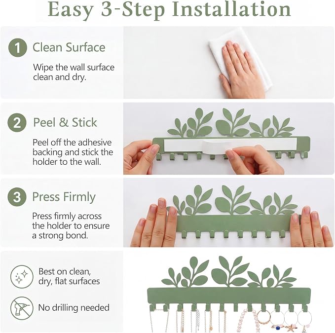 Hicarer 2 Pack Sage Green Eucalyptus Necklace Holder Wall Mount 24 Hooks Adhesive Metal Jewelry Organizer Eucalyptus Decor Bathroom Decor for Earrings Bracelets Rings Keys