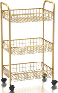 3 Tier Rolling Utility Cart, Storage Trolley Service Cart with Wheels Easy Assembly for Kitchen, Living Room, Office, Salon, Gold