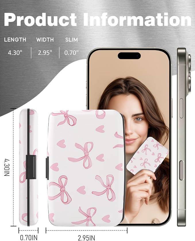 Maicican Credit Card Holder, Mini RFID Blocking Aluminum Wallet | Slim Metal Hard Case Travel Wallet ID Case for Women and Men, 4.3 x 2.9 Inches, Pink Bow
