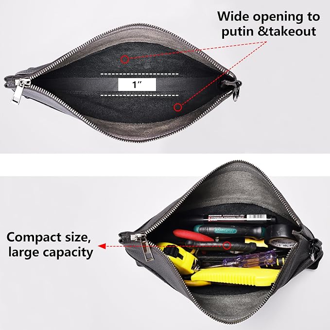 Leather Tool Bag Zipper Pouch, Premium Tool Pouch with Zipper, Utility Multipurpose Storage Organizer Tool Pouches with Carabiner Metal Zipper for Tools, Stationary, Pencil Pouch