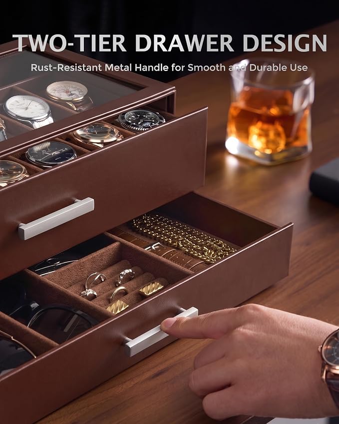 ProCase 14-Slot Watch Case for Men, 2-Tier Pull-Out Drawers Box -Espresso | Fathers Day Gift for Dad Men with Display Clear Top Lid, Jewelry Sunglasses Storage Organizer, Anniversary Birthday Gifts