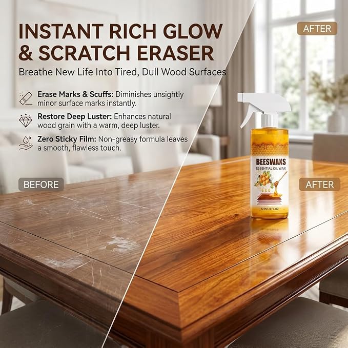 Besewax Wood Polish Spray, Natural Essential Oil Wax Cleaner for Furniture, Floors, Cabinets & Tables, Restores Shine, Reduce Scratches, Protects & Conditions Wood Surfaces, 8 fl oz