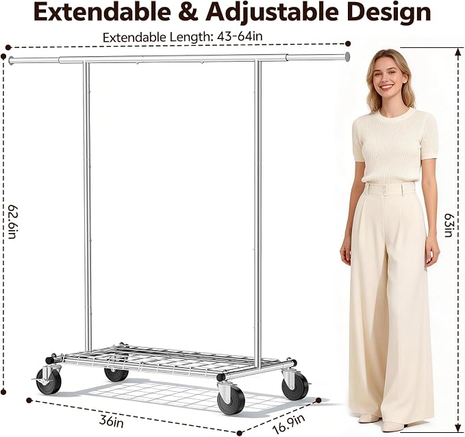 Heavy Duty Clothes Rack for Bedroom - Load 420 LBS - Rolling Clothing Rack for Hanging Clothes with Lockable Wheels & Shelves - Extendable Garment Rack for Closet Laundry - Silver