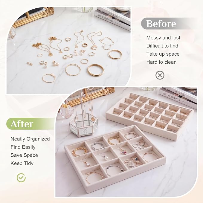 Unittype Set of 4 Stackable Jewelry Organizer Tray for Drawer Inserts Velvet Necklace Earring Bracelet Ring Holder Jewelry Display Storage Box for Bangle Stud Necklace Ring(24+12 Grid,Beige)