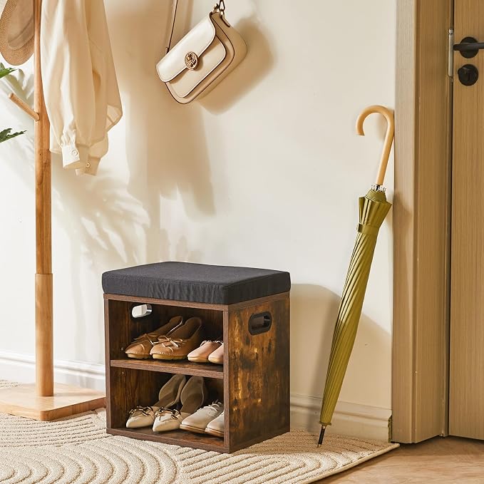 YMYNY Small Shoe Storage Bench with Cushion, Rustic Brown, HBD028H | 2 Tier Entryway Bench with Storage, Small Shoe Rack Bench with Adjustable Shelf for Entryway 11 x 15.3 x 16.5 Inches