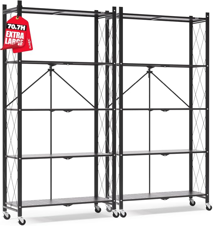 ALANNG 70.7" H Metal Storage Shelves, 5 Tier Folding Shelf on Wheels | Heavy Duty, No Assembly, Rolling, Collapsible Rack Unit for Kitchen, Basement, Pantry (Black,2 Pack)
