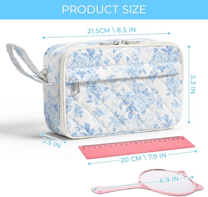 WOBAGMEN Quilted Pencil Pouch for Girls Women, Large Pencil Case Pouch with Compartments Cute Aesthetic Pencil Case Organizer, Floral Pencil Bag for School Supplies (Blue Floral Bow)