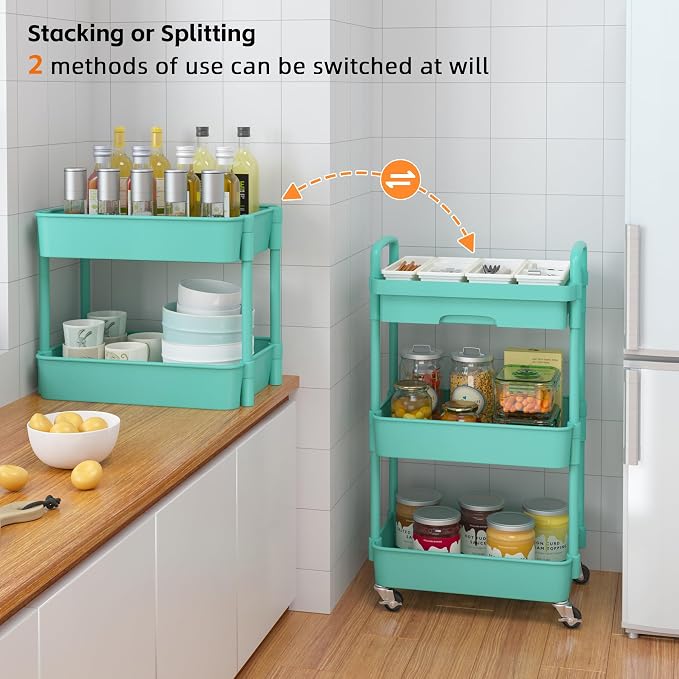Calmootey 3-Tier Rolling Utility Cart with Drawer,Multifunctional Storage Organizer with Plastic Shelf & Metal Wheel,Storage Cart for Kitchen,Bathroom,Living Room,Office,Green | Space-Saving Organizer, Sturdy Plastic Shelves, Smooth-Rolling Metal Wheel...