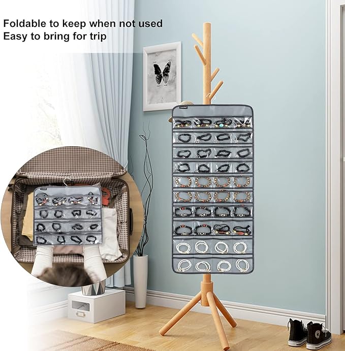 Dual-sided Hanging Jewelry Organizer with 40 Pockets and 20 Hook Loops Necklace Holder Jewelries Organizer for Earrings Bracelets Rings with 360 Degree Rotating Hanger (40 Pockets and 20 Hook Loops-Grey)