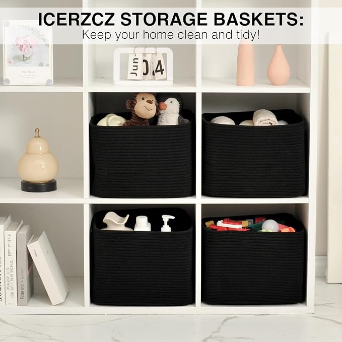 ICERZCZ Storage Baskets for Organizing & Shelves, Woven Cotton Rope Organization Bins for Dog Toys, Clothes, Books, Nursery Organizer, 15" Lx11''Wx9.5''H, (4 Packs) Black