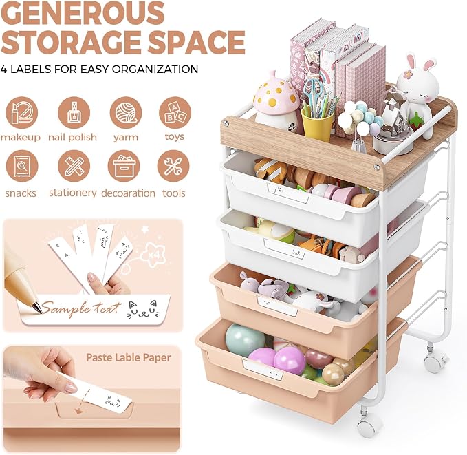 Rolling Craft Storage Cart with 4 Drawers,Utility Cart with Drawers,Art Craft Organizers and Storage,Kids Craft Cart,Kids Art Cart With DIY Lable and Wooden Tabletop Area, Pearl