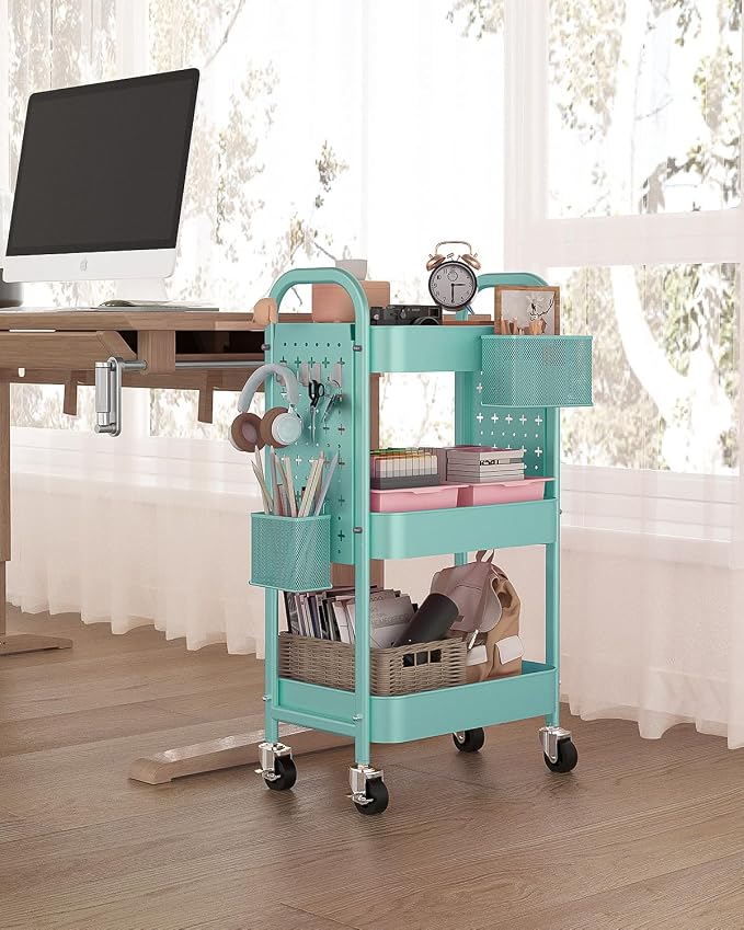 ALVOROG 3 Tier Metal Rolling Utility Cart with Pegboards,Baskets,Hooks,Blue | More Storage Craft Cart with Pegboards,Lockable Wheels,Hooks & Baskets to Organize Kitchen,Office,Bedroom and DIY Supplies