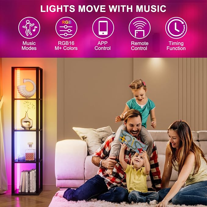 VILICK Corners Shelf with Light 5 Tier Tall Standing Shelf Dimmable Corner Floor Lamp with Shelves LED Corner Bookshelf Display Cabinet Shelf for Living Room, Bedroom, Home Decor