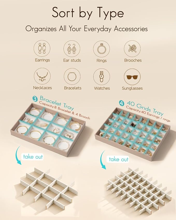 VLANDO Stackable Jewelry Tray, Drawer Organizer, 40-Grid Display,Toffee | 40 Compartments, Soft Velvet Lining, Drawer Organizer, Easy Sorting for Rings, Studs, Charms, Gift for Women Girl