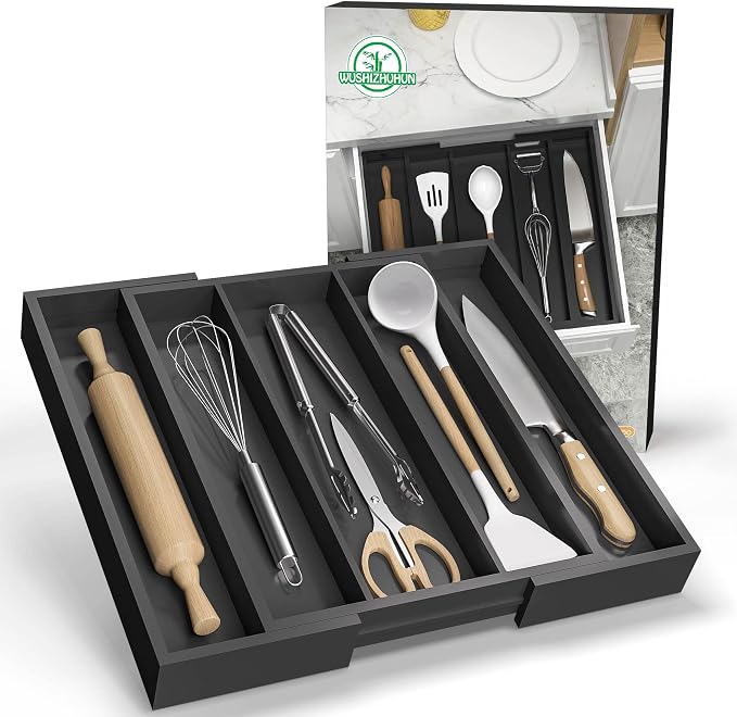 Kitchen Utensil Organizer Silverware Tray - Bamboo Flatware Organizer Expandable 5 Slots Multipurpose Silverware Organizer for Office Storage Garage Organization W13.7"-19.9" x L17.6" X H2.5" (Black)