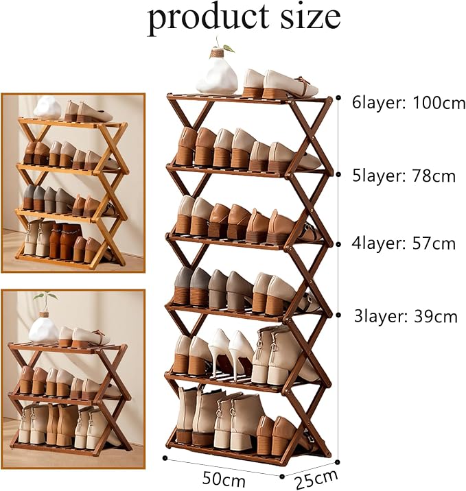 Jessie Bamboo Shoe Rack,Free Standing Shoe Rack for Closet,Portable Folding Shoe Storage Rack, Space Saving,Shoe Shelf for Bedroom Entryway Hallway Closet Living Room (Brown-6 Tier)