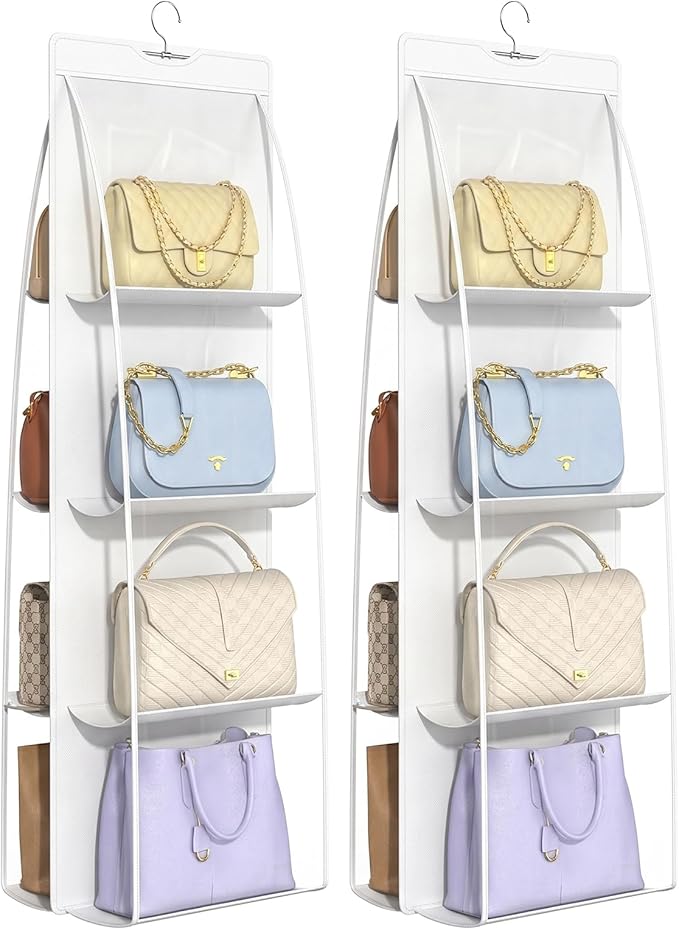 2 Packs 8 Pockets White Handbag Hanging Purse Organizer for Closet, Purse Storage, Purse Hanger and Handbag Organizer for Space Saving
