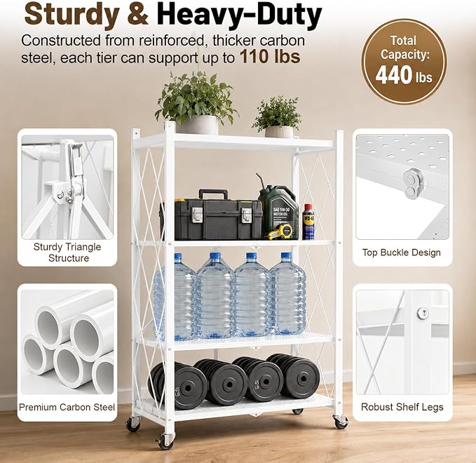 4 Tier Foldable Storage Shelves on Wheels, Heavy Duty Metal Shelving Unit, No Assembly Required for Kitchen, Garage, Pantry, Basement, Bookshelf, White
