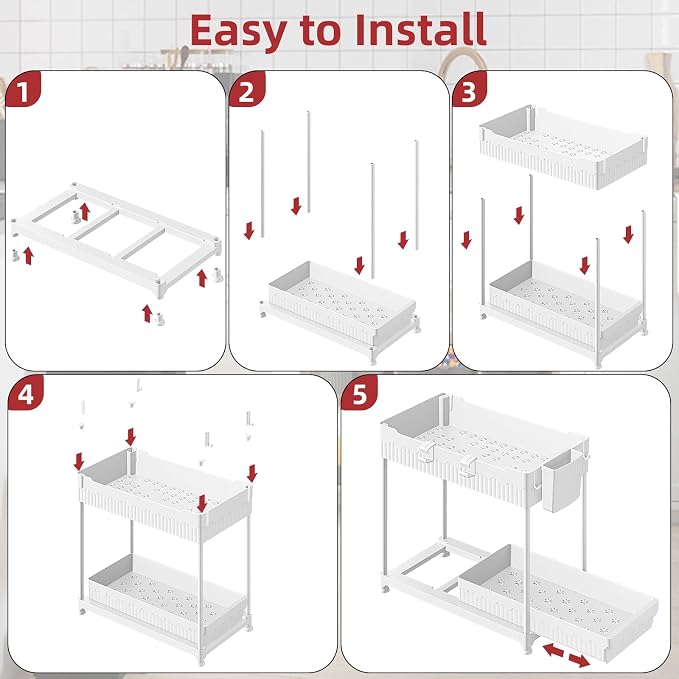 Sevenblue 4-Pack 2-Tier Under Sink Organizer with Pull Out Drawers | Multi-use kitchen & bathroom storage. Includes hanging hooks and cups. White, space-saving cabinet design. 14.8 Inch
