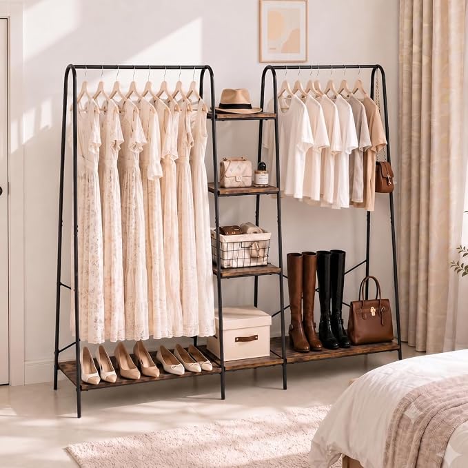 Finnhomy Clothes Rack for Hanging Clothes Freestanding Clothing Rack with 6 Wood Storage Shelves & 2 Rods Heavy Duty Garment Rack Portable Wardrobe Closet Organizer for Bedroom Closet Boutique,Rustic