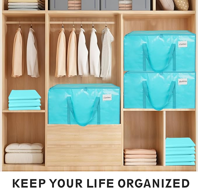 6 Pack-Extra Large Heavy Duty Moving Bags - Waterproof Storage Totes with Handles & Zippers, Foldable for College Dorm, Storage (lake blue)