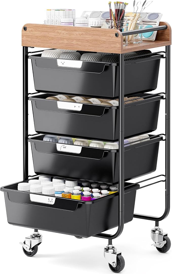 SYKIARIOL Utility Cart with 4 Labeling Drawers and Wooden Tabletop – Rolling Storage Cart for Crafters, Artists, Kids, Teachers, and Students – Organize Arts, Crafts, Sewing & Study Supplies