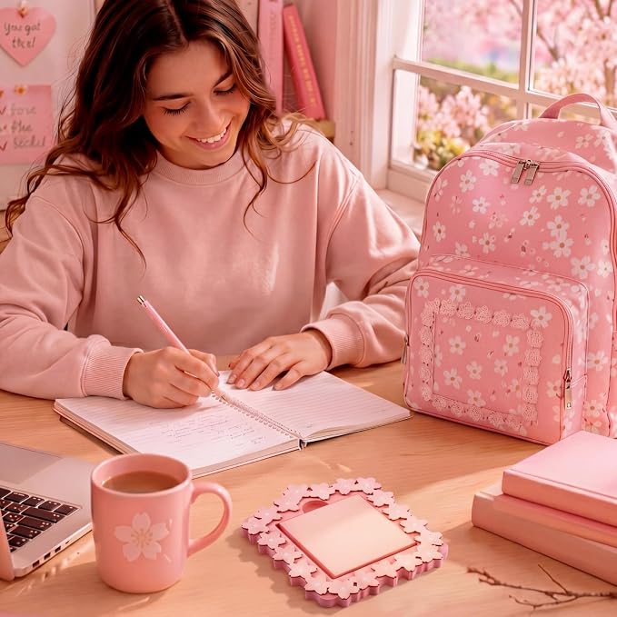 Cherry Blossom Sticky Note Holder Large Wood Notepad Dispenser 3 x 3 Sticky Notes Organizer Cute Self Stick Memo Pad Holder for Desk Office Back to School Gift, No Pads Included