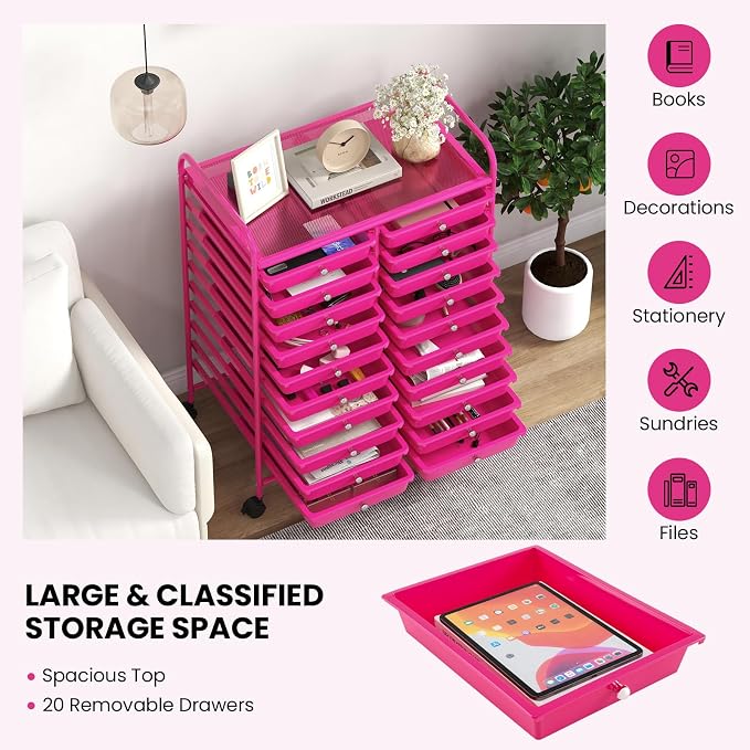 DREAMADE Rolling Cart with Storage Drawers, Utility Cart w/Removable Plastic Drawers, Lockable Wheels, Art Cart for Classroom Organization Art Supplies Office Scrapbook (20 Drawers, Hot Pink)