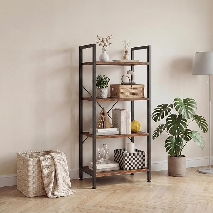 DUMOS 4-Tier Bookshelf, Tall Bookcase, Storage Organizer | Open Storage Display Shelf for Living Room, Bedroom, Home Office, Narrow Standing Shelving Unit for Books, CDs, Décor Brown
