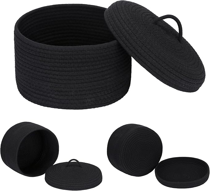Sea Team Round Cotton Rope Storage Basket with Lid, Lidded Woven Storage Bin, Nursery Storage Container, Diaper Caddy, Baby Shower Basket, Box, Organizer, 11.8 x 11.8 x 6.7 Inches (Medium, Black)