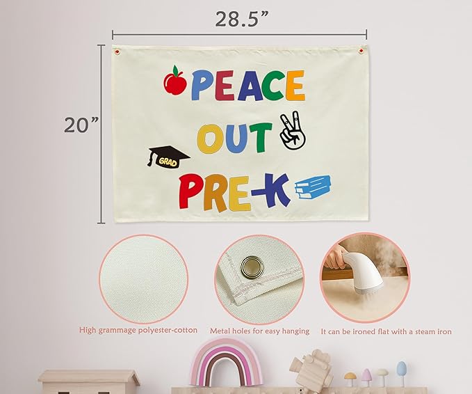 Peace Out Pre-K Graduation Banner, Natural Beige Cotton Canvas Classroom Wall Hanging Sign, Preschool Last Day of School Party Decor, Photo Backdrop for Teacher Gift and Kids, 28.5x20 Inch