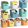 ORGIDOL 10 Pack Colorful Plastic Storage Bins, Storage Container for Organizing, Colored Storage Boxes with Handle for Shelves, Cute Organizer Bins for Craft, Snacks, Cabinet, 9.69x6.7x5.7 inch