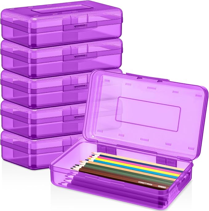 Blulu 6 Pack Large Plastic Pencil Case Box Clear Pencil Boxes Bulk Hard Crayon Box Storage with Snap Lids 8.1 x 4.7 x 2.2 Inch Painting Organizer Classroom Stationery School Supplies (Purple)