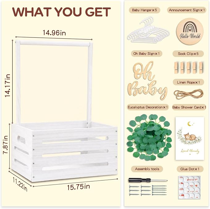Wooden Baby Shower Crate Closet - Personalized Baby Gift Baskets with Hangers, Large White Newborn Shower Crate Box for New Mom Boys Girls