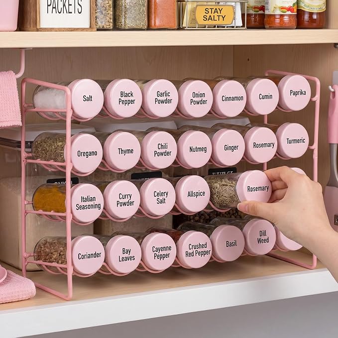 FoldTier Spice Rack Organizer with 28 Spice Glass Jars, 56 Labels, Funnel and Marker Set, Complete Countertop Seasoning Rack Organization for Cabinet, Kitchen Storage, Pantry, Cupboard (Pink)