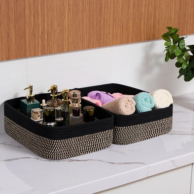 MiniArk Large Shallow Organizing Baskets 15x11x5.1 Inches - Rope Woven Storage Bins for Bathroom, Shelves, Cube Closet, Black Woven Brown 3 Packs