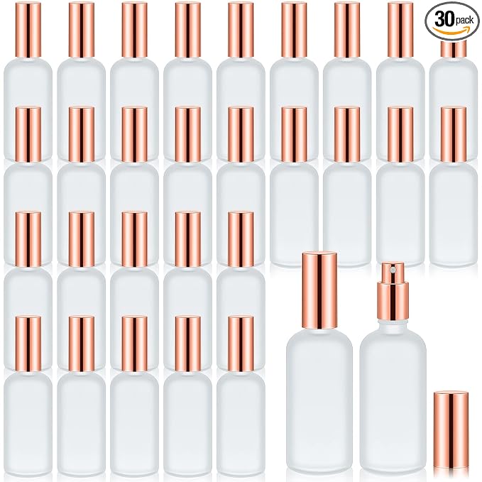 Roshtia 30 Pcs Glass Spray Bottle Clear Empty Bottles Small Refillable Reusable Perfume Bottle with Fine Mist Sprayer Pump for Face Body Travel(3.4 oz,Rose Gold)