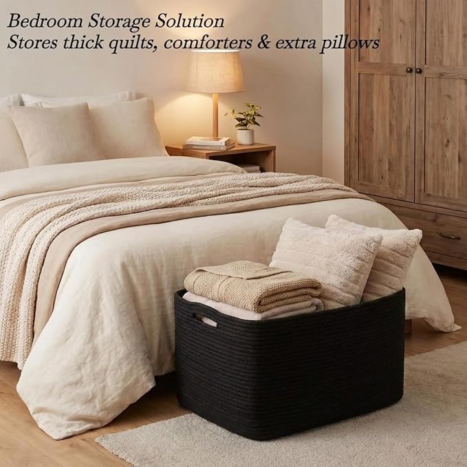 Optish 95L Large Blanket Basket, Woven Storage Baskets with Reinforced Handles, Rope Laundry Basket for Living Room, Bedroom, Nursery, Toys, Clothes,Pillows, 24” x 17” x 13.5”, Black