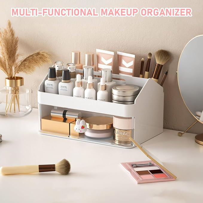 SAYEEC Desk Organizer with Drawer Multi-Functional Makeup Organizer with Handle 7 Compartments Pencil Pen Holder Small Desktop Storage Box Desk Accessories Caddy for Office Home Art Supplies (White)