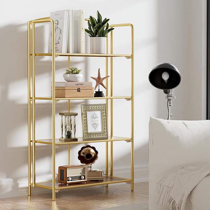 Crofy 4-Tier Wider Foldable Bookshelf, Gold Frame & Walnut Shelves | No-Assembly Collapsible Portable Storage Organizer; Sturdy Walnut Finish Shelves; Ideal for Living Room & Home Office