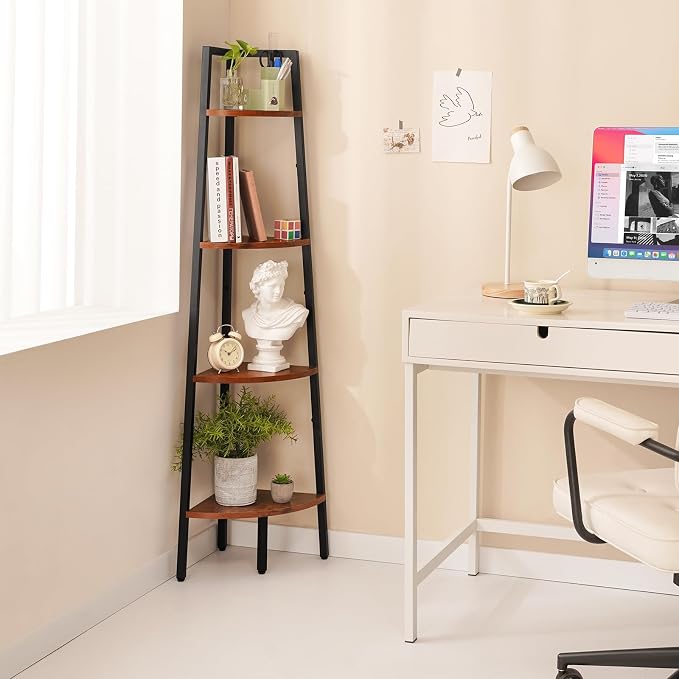 Yoobure 4‑Tier Corner Shelf – Sturdy Metal Frame & Wood Ladder Bookshelf, Space‑Saving Display Shelves for Plants & Books, Easy Assembly, for Bedroom, Living Room, Office, Balcony