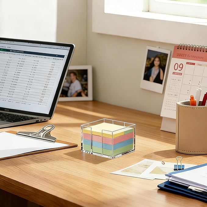 3x3 Inch Sticky Note Holder Post It Note Holder No Slip Base and Shatterproof Acrylic for One-Handed Operation, Perfect for Office Supplies, Home Fridge Memo, or Reception Desk
